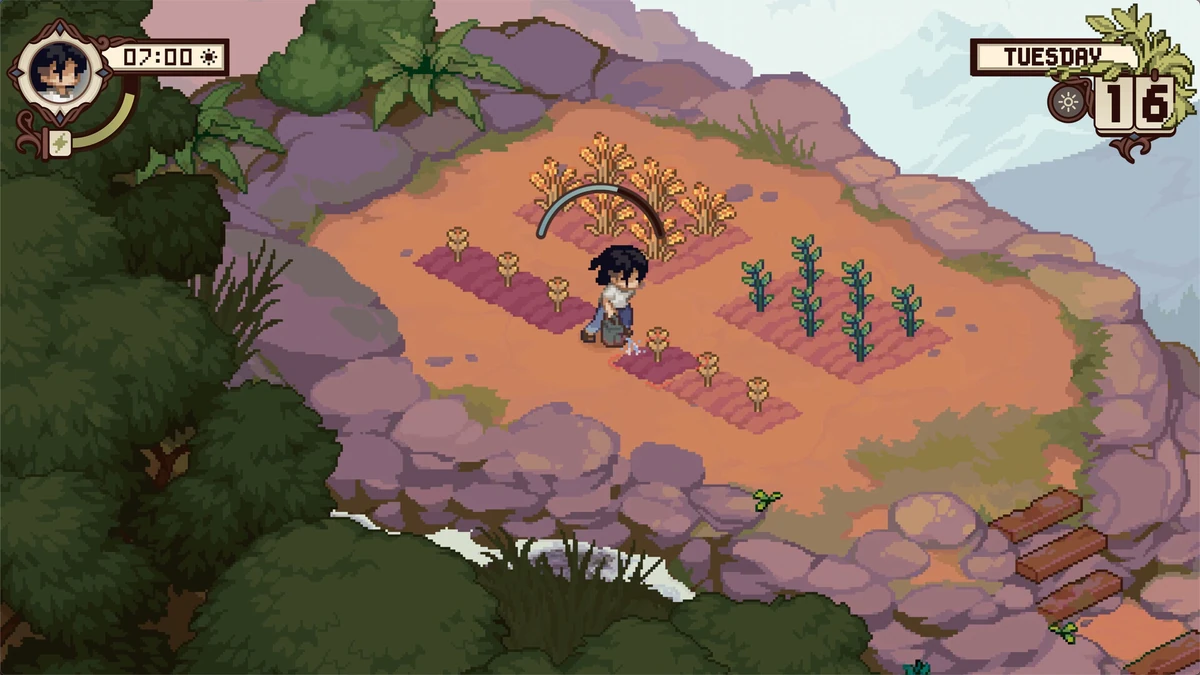 ตัวละครอยู่ท่ามกลางแปลงพืชบนพื้นที่หินใน Grave Seasons พร้อมหน้าจอเวลาและปฏิทิน