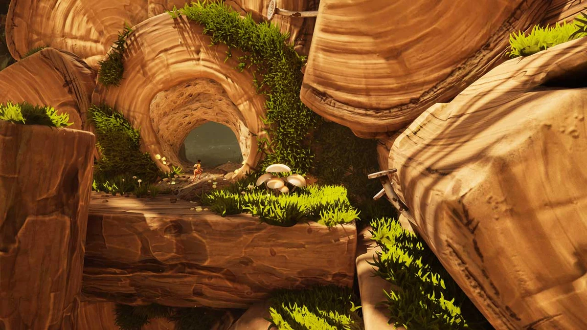 ตัวละครตัวเล็กยืนหน้าทางเข้าโพรงในพื้นที่ Woodpile