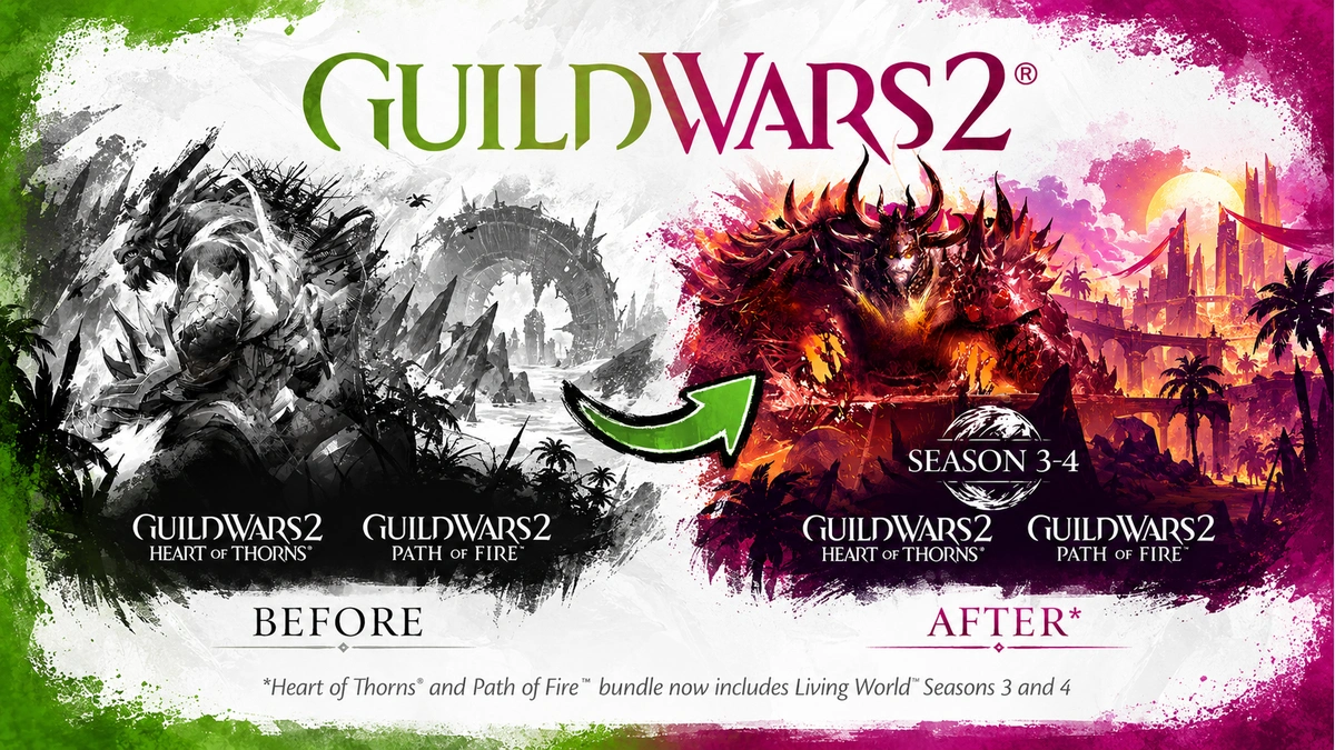 ภาพเปรียบเทียบ Heart of Thorns และ Path of Fire ก่อนและหลังเพิ่ม Living World Season 3–4
