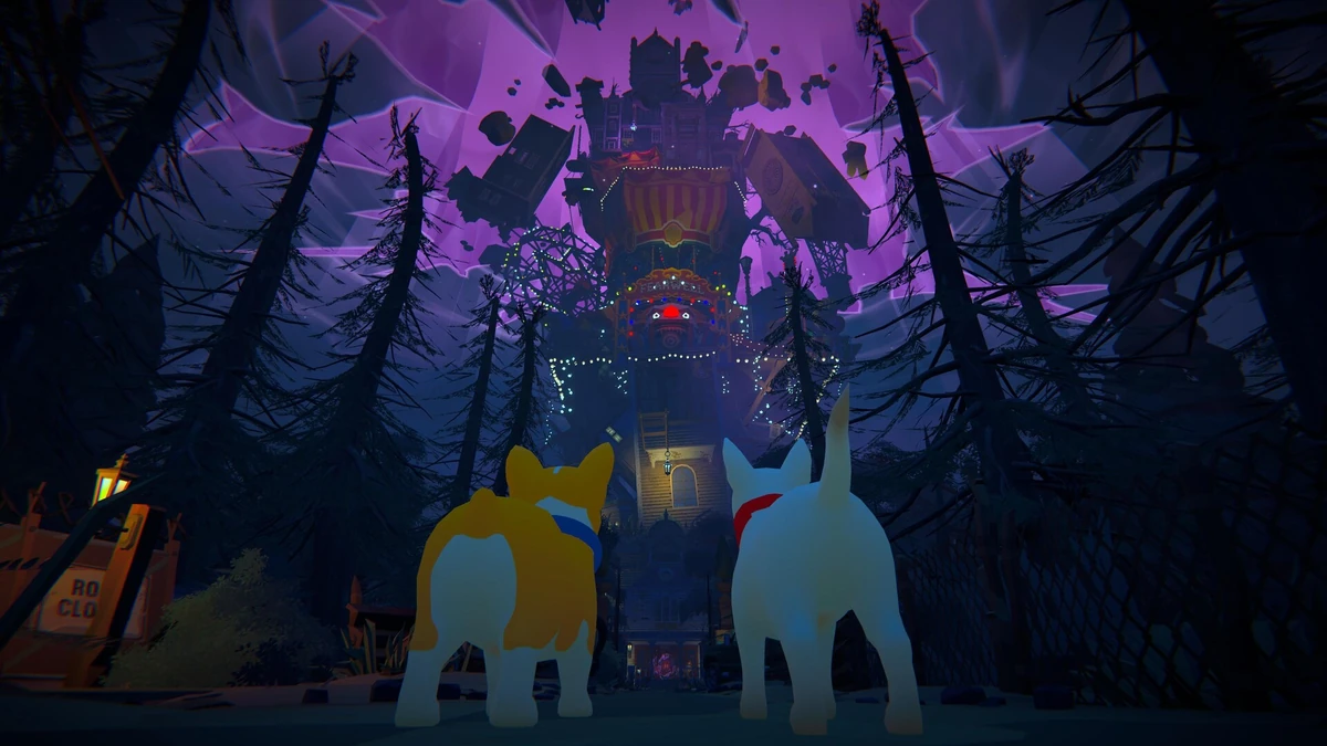 ลูกสุนัขสองตัวยืนหันหลังมองอาคารสูงกลางป่าใน Haunted Paws