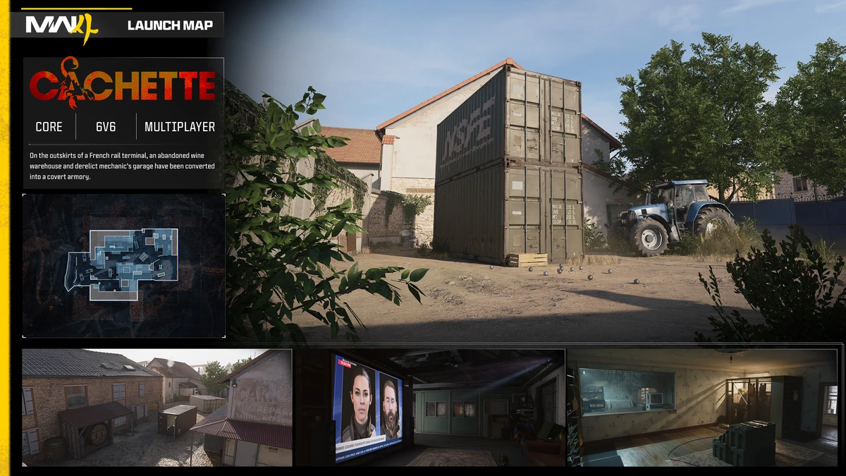 การ์ดแผนที่ Cachette แสดงลานโกดังและป้าย Launch Map 6v6
