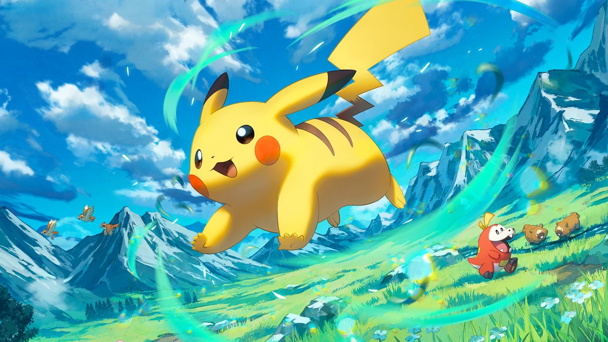 โปเกมอนสีเหลืองกระโดดเหนือทุ่งหญ้าท่ามกลางภูเขาหิมะ