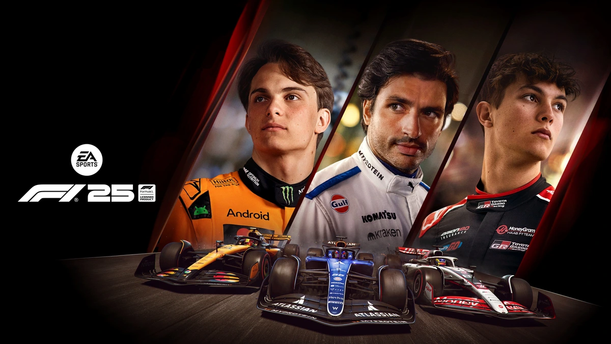 คีย์อาร์ต F1 25 แสดงนักแข่งสามคน รถ Formula 1 และโลโก้เกม
