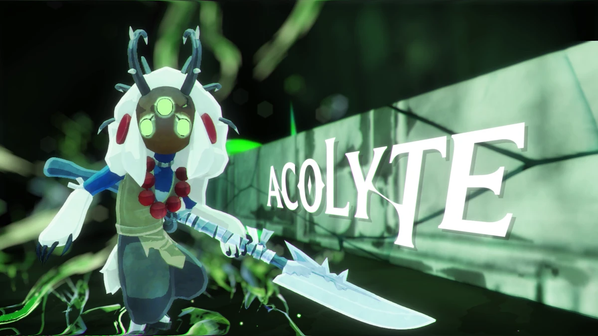 Acolyte สวมหน้ากากและถืออาวุธใบมีดด้ามยาว มีชื่อตัวละครอยู่ด้านซ้าย