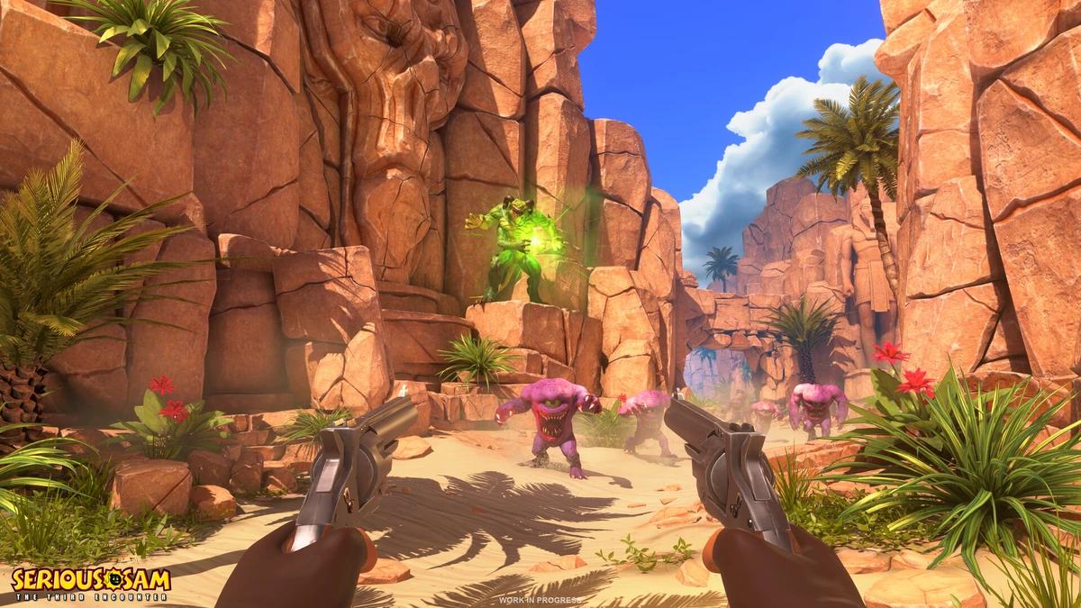 ปืนสองกระบอกยิงใส่ฝูงสิ่งมีชีวิตกลางหุบเขาหินใน Serious Sam The Third Encounter
