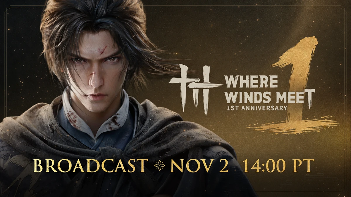 ตัวละครสวมผ้าคลุมข้างชื่อ Where Winds Meet และข้อความไลฟ์ Nov 2 14:00 PT