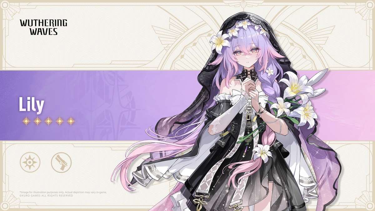 Lily ถือดอกไม้สีขาว ด้านซ้ายมีชื่อ ดาวห้าดวง และสัญลักษณ์ธาตุกับปืนพกบนพื้นหลังขาวม่วง