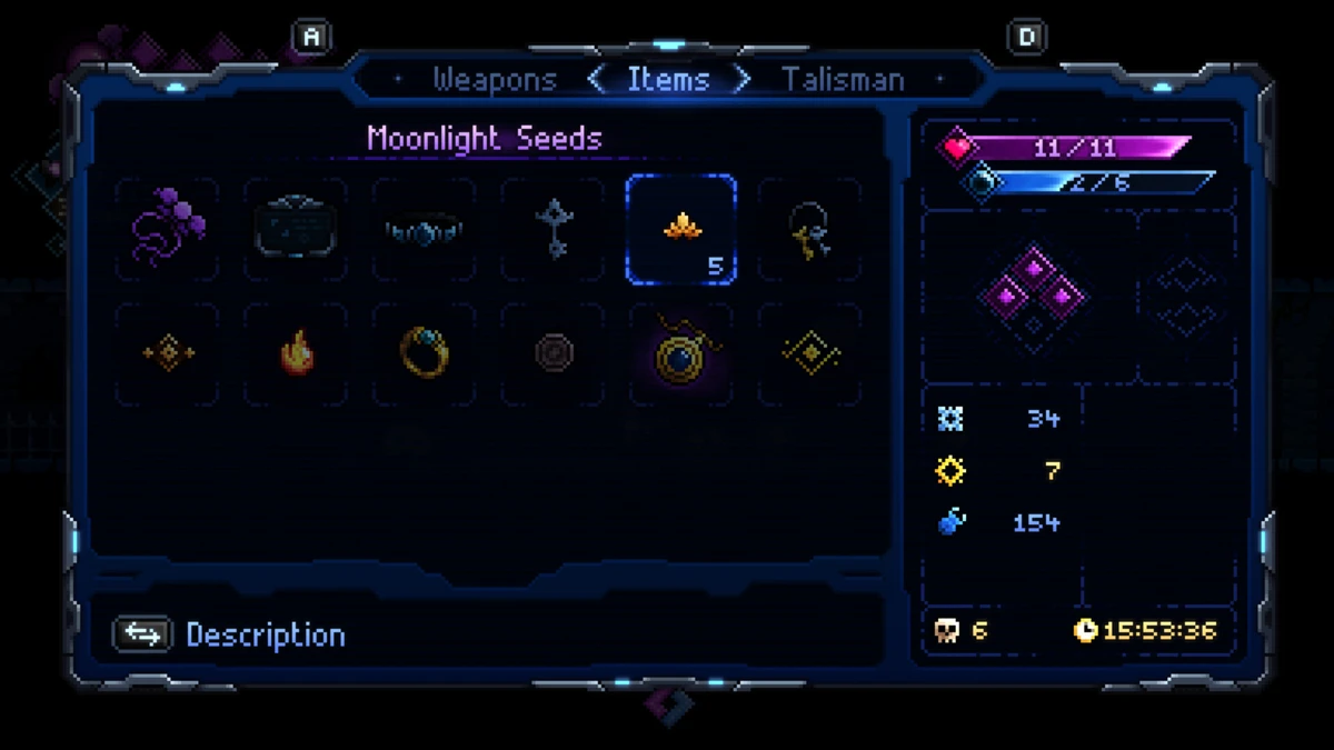 เมนู Items มี Moonlight Seeds ถูกเลือกในช่องไอเทม