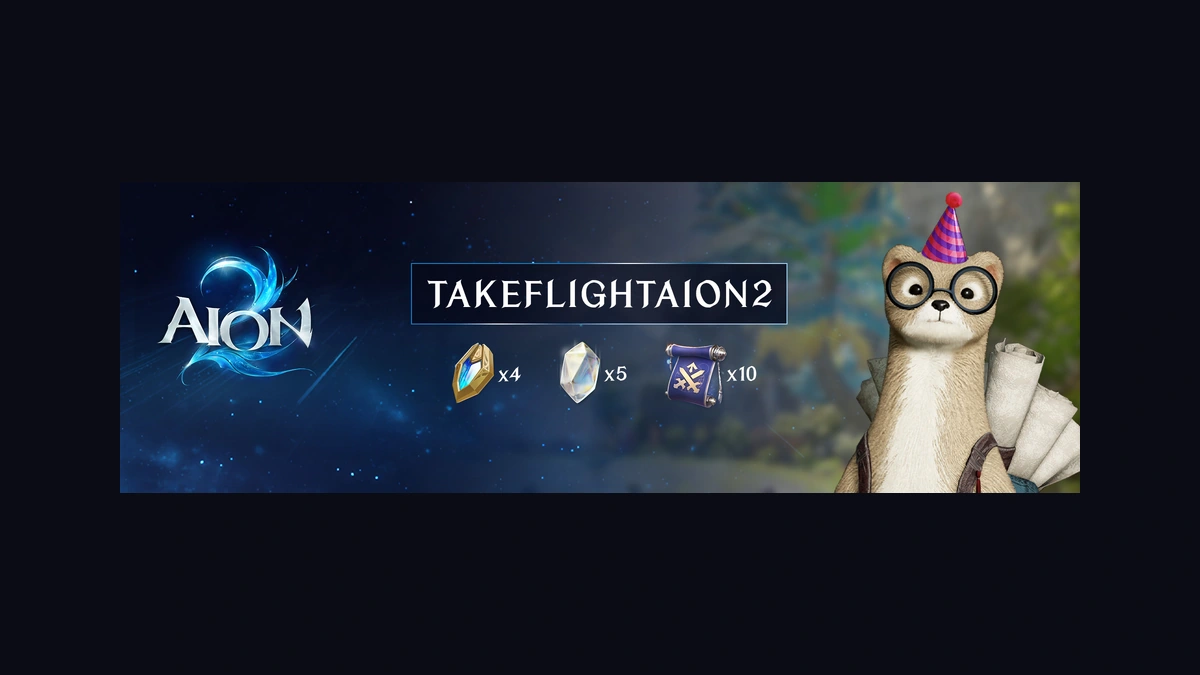 แบนเนอร์ AION 2 แสดง TAKEFLIGHTAION2 ไอคอนสามชิ้นกับตัวเลข x4 x5 x10 และมาสคอตสวมแว่นกับหมวกปาร์ตี้