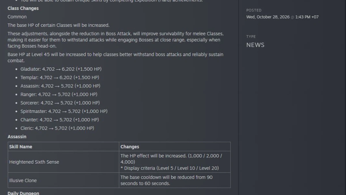 ประกาศ AION 2 แสดงรายการ HP ก่อนและหลังของแต่ละอาชีพ พร้อมตารางเปลี่ยนสกิล Assassin