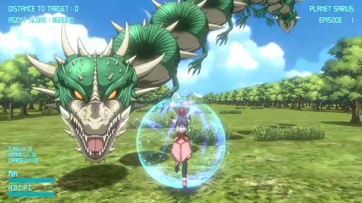 ตัวละครอยู่ในทรงกลมสีน้ำเงิน เผชิญสิ่งมีชีวิตสีเขียวขนาดใหญ่บนทุ่งหญ้า