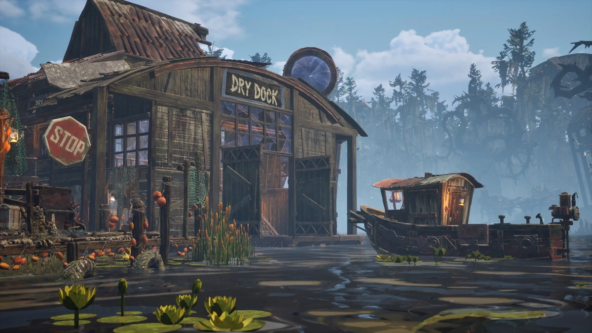 อาคารไม้ที่มีป้าย DRY DOCK ใน DREADMOOR พร้อมเรือห้องโดยสารลำเล็กจอดอยู่ด้านข้าง