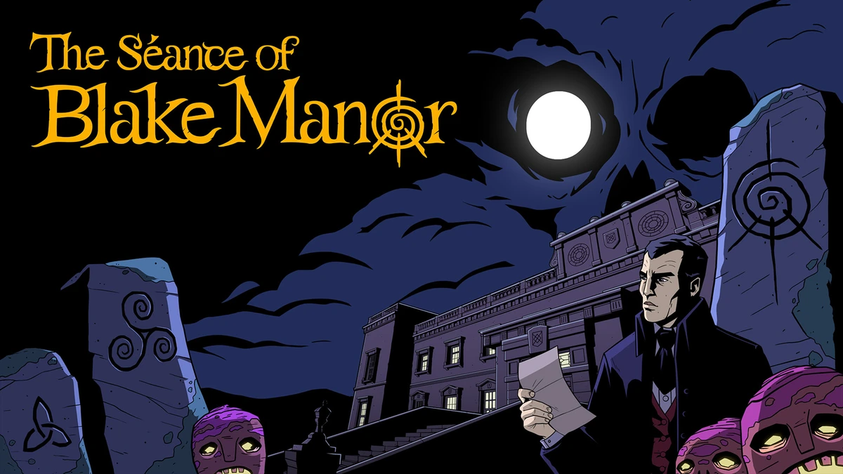 คีย์อาร์ตชายถือจดหมายหน้าอาคาร ใต้ท้องฟ้าที่มีเงารูปกะโหลกและชื่อ The Seance of Blake Manor