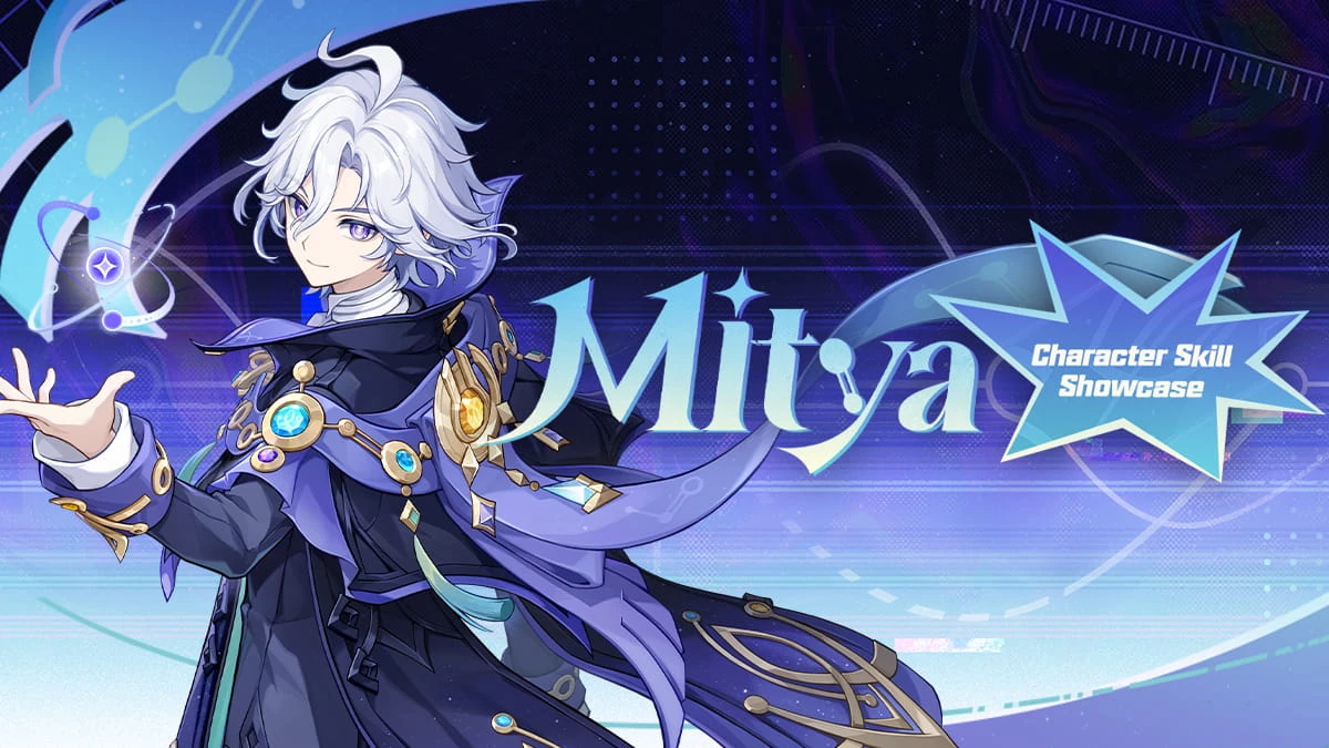 Mitya ผมสีเงินยื่นมือข้างสัญลักษณ์เรืองแสง พร้อมข้อความ Character Skill Showcase