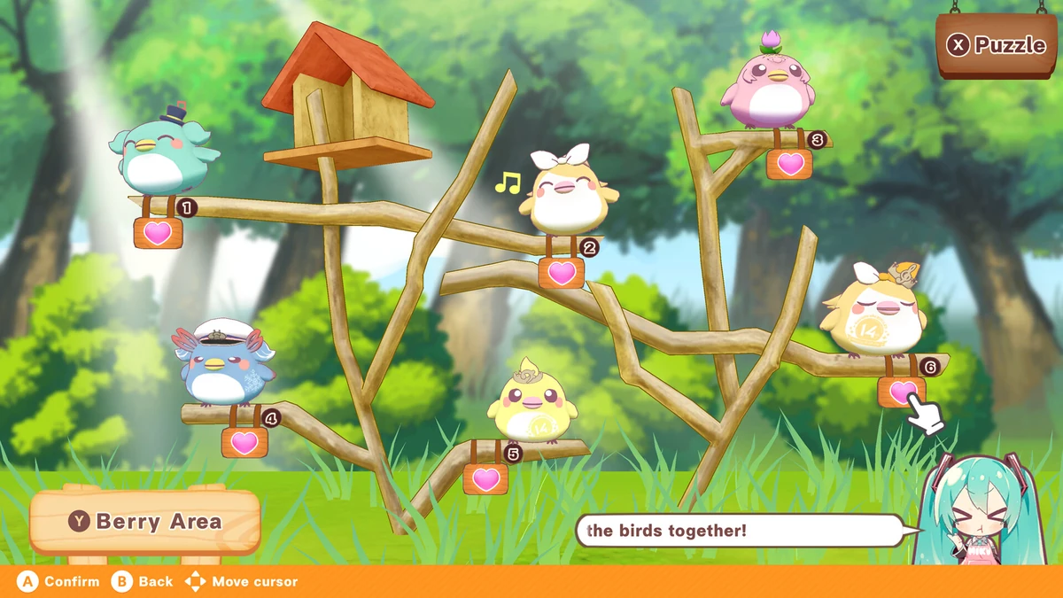 นกการ์ตูนเกาะกิ่งไม้ มีปุ่ม Berry Area และ Puzzle