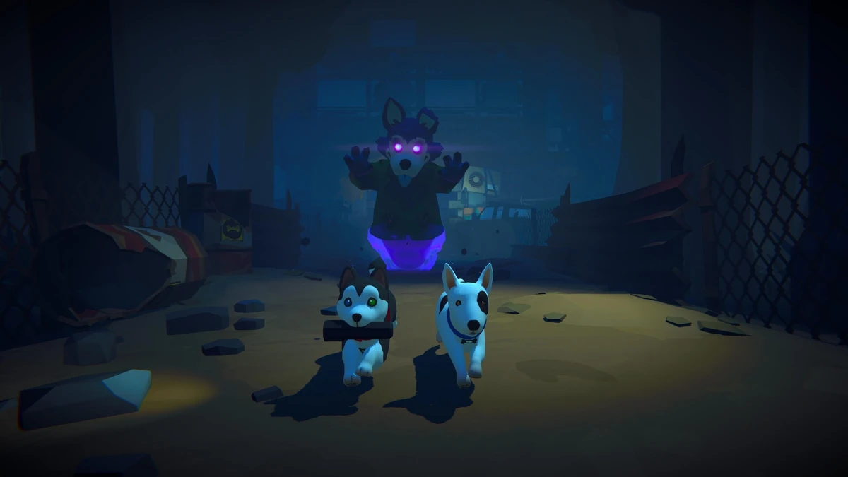 ลูกสุนัขสองตัววิ่งหนีสิ่งมีชีวิตตาสีม่วงเรืองแสงใน Haunted Paws