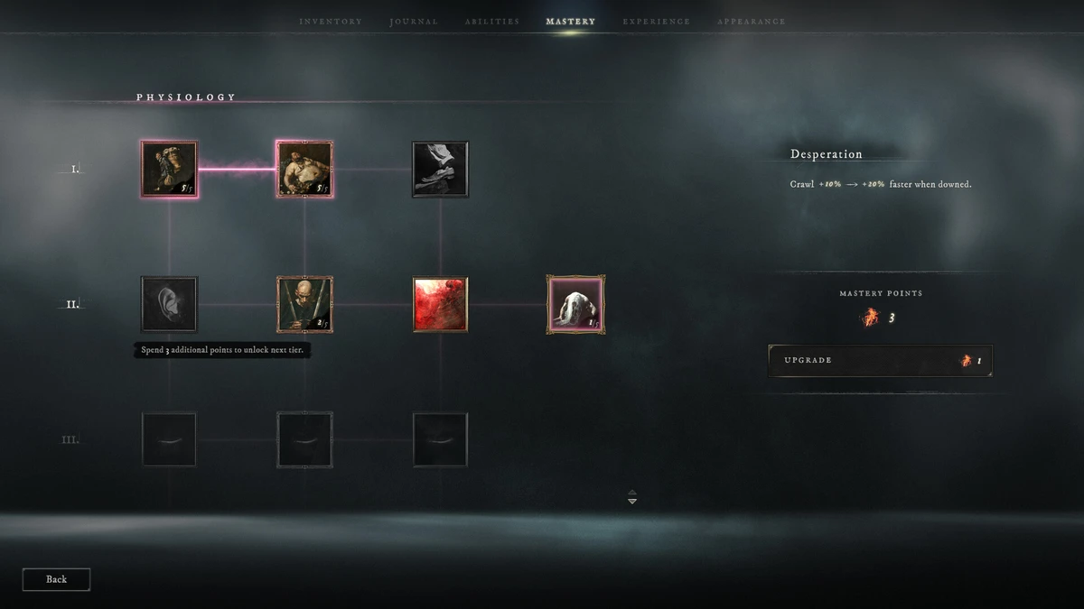 เมนู Mastery แสดงโหนดทักษะ Physiology และหน้าต่าง Desperation