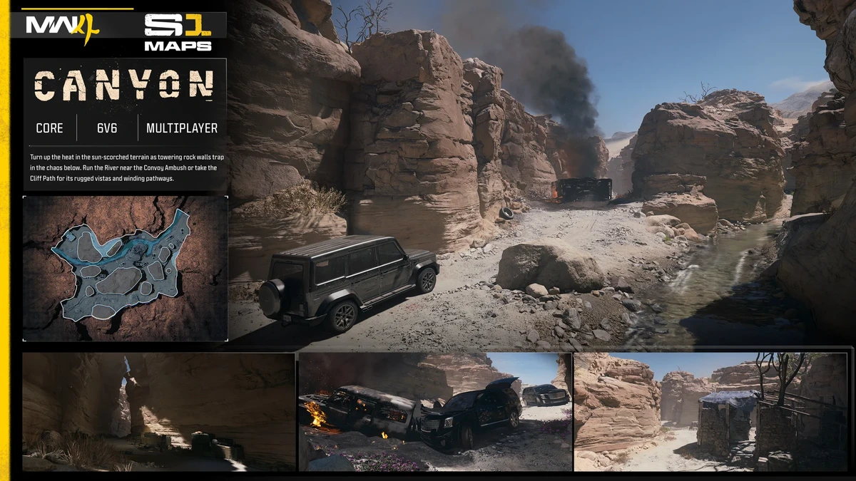 การ์ดแผนที่ Canyon มีหน้าผา รถยนต์ และลำธาร
