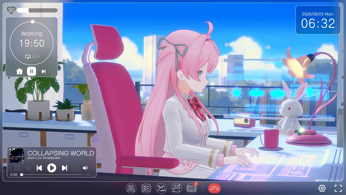Meru หันข้างพิมพ์คีย์บอร์ด โดยมีตัวจับเวลา Working กำลังเดิน
