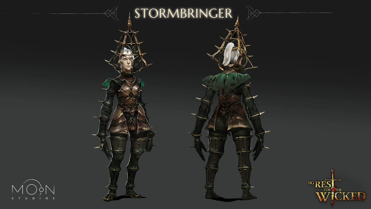 ภาพออกแบบ STORMBRINGER แสดงชุดเกราะสีเขียวเข้มและหมวกโครงแหลมจากด้านหน้าและด้านหลัง