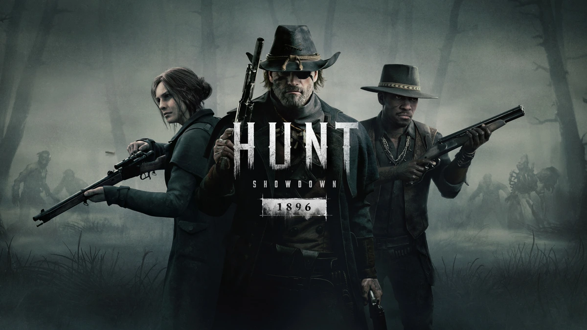 คีย์อาร์ต Hunt: Showdown 1896 แสดง ตัวละครติดอาวุธ สามคนและโลโก้เกม