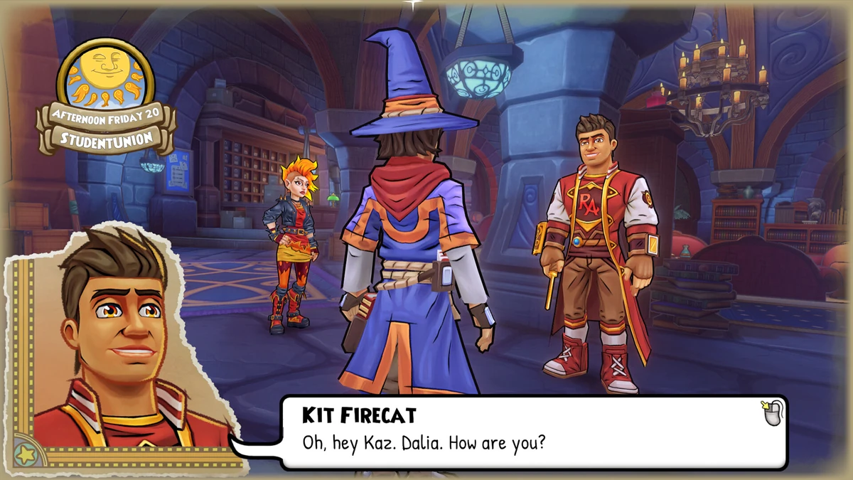 นักเรียนหมวกพ่อมดคุยกับ Kit Firecat ในห้องโถง มี Dalia อยู่ด้านหลัง
