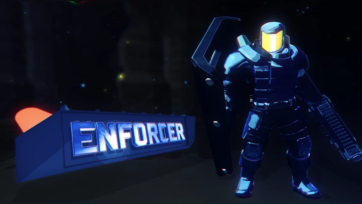 Enforcer สวมเกราะและหมวกช่องมองสีเหลือง ถือโล่ใหญ่กับปืน