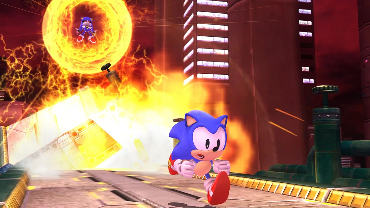 Sonic วิ่งบนทางเดินขณะที่เกิดระเบิดอยู่ด้านหลัง