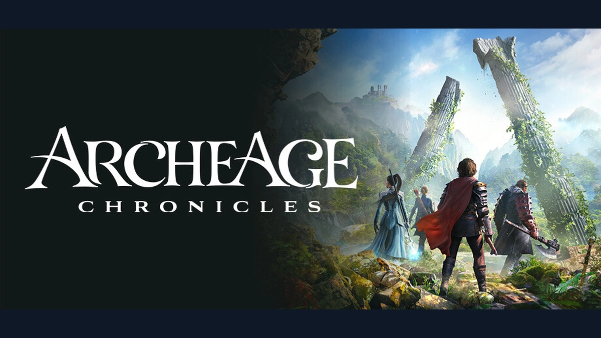 ArcheAge Chronicles โลโก้สีขาวกับกลุ่มนักผจญภัยในฉากแฟนตาซี บนปกเกมจากหน้าร้าน Steam