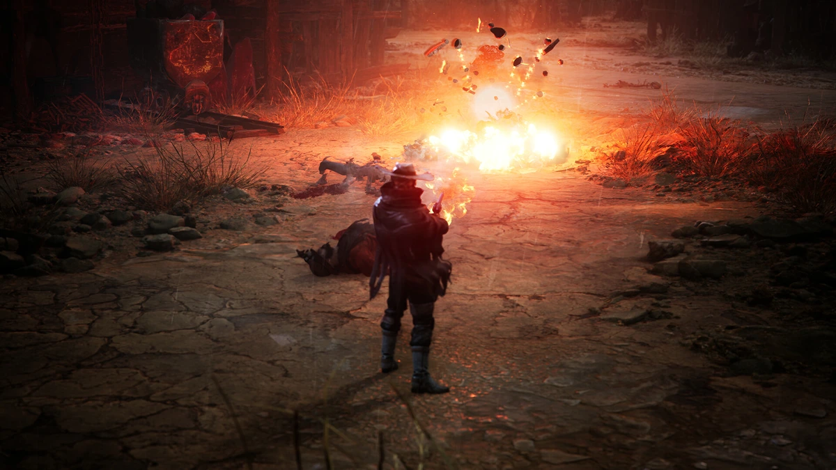 ตัวละครสวมหมวกหน้าเปลวไฟและแรงระเบิดใน The Dark West