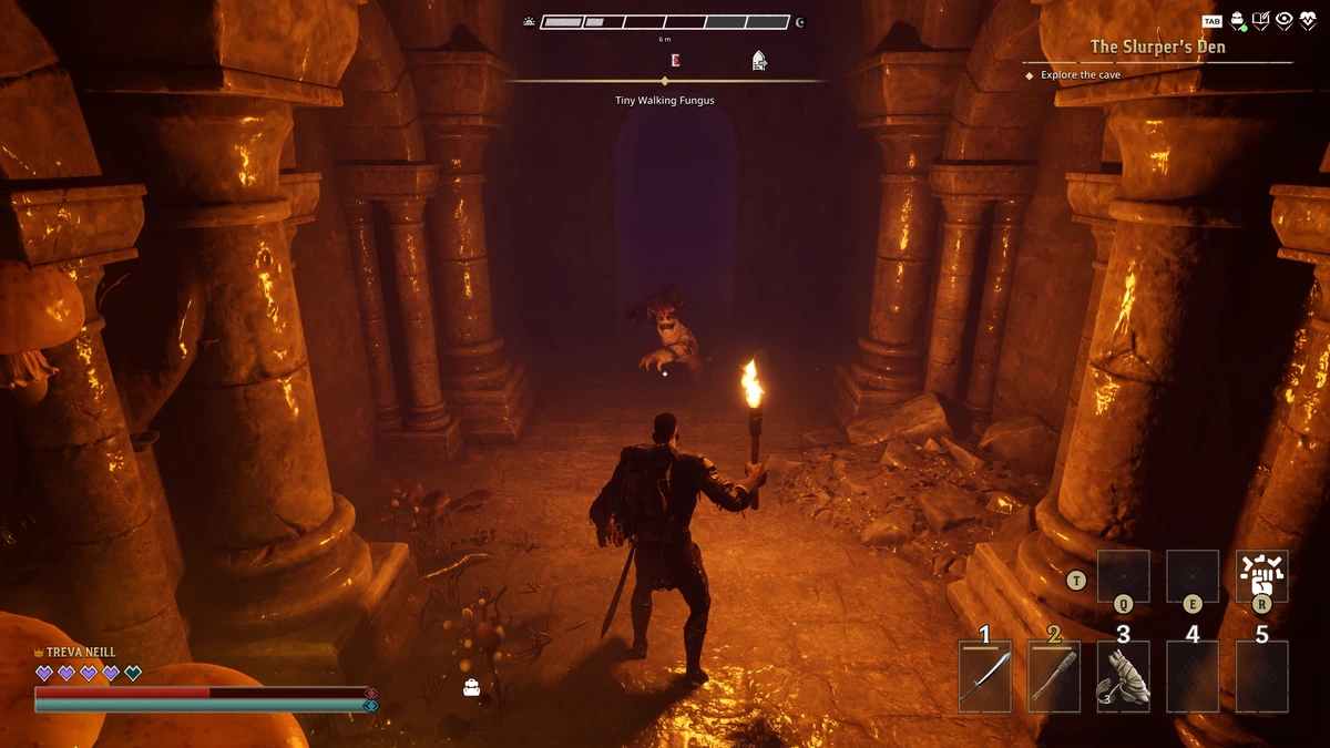 ตัวละคร Wyldheart ถือคบเพลิงในทางเดินหินของ The Slurper's Den พร้อมข้อความเควสต์