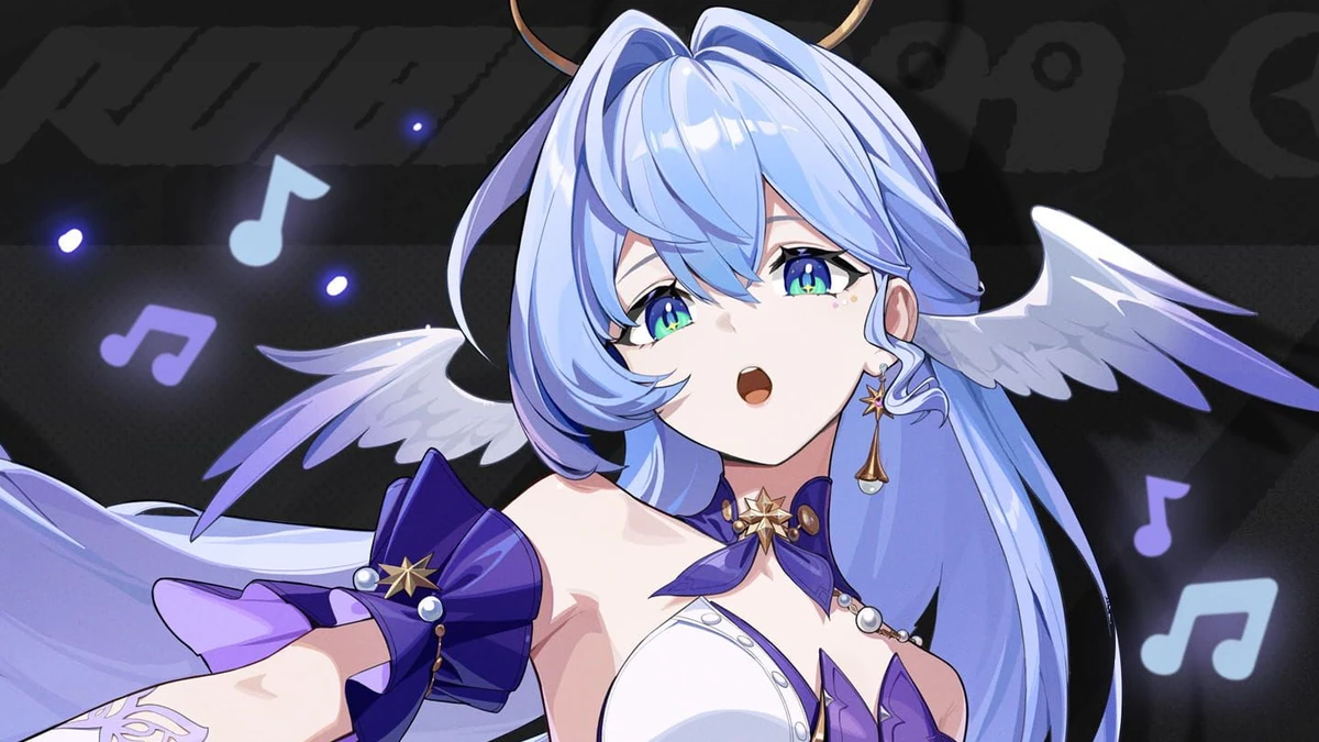 Robin ผมสีฟ้าอ่อนในชุดโทนขาวม่วง มีเครื่องประดับขนนกและตัวโน้ตล้อมรอบ