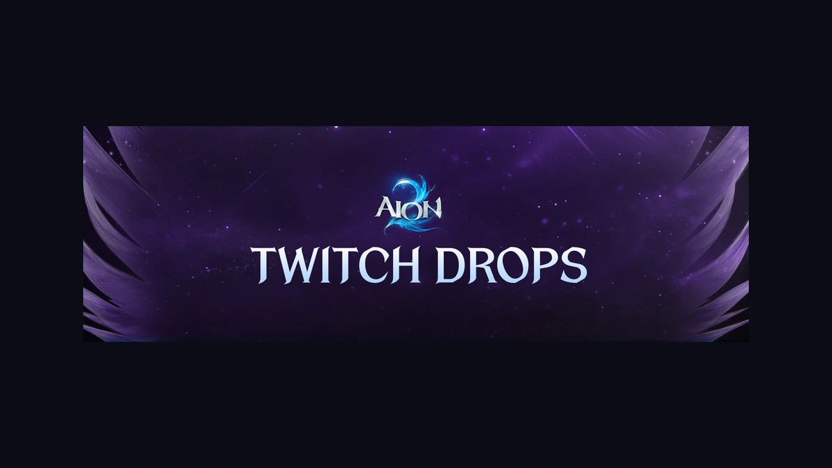 แบนเนอร์ AION 2 มีข้อความ TWITCH DROPS กับโลโก้เกมบนพื้นหลังปีกสีม่วง