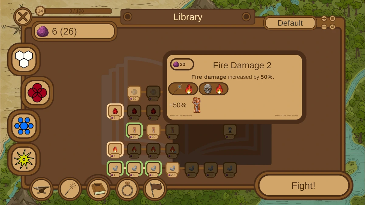เมนู Library แสดงผังอัปเกรดและรายละเอียด Fire Damage 2