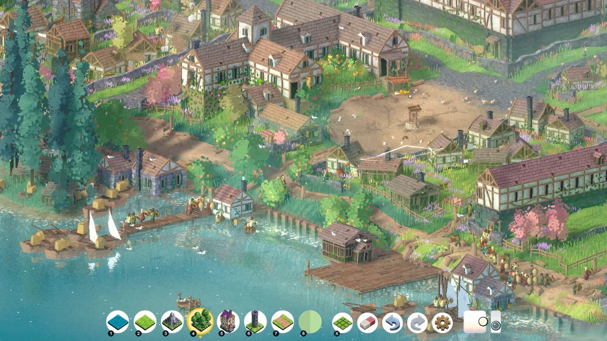 หมู่บ้านบ้านไม้พร้อมท่าเรือและเรือใบใน Brushland