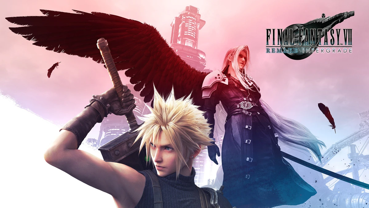 คีย์อาร์ตนักดาบผมทองและนักดาบผมยาวมีปีก พร้อมชื่อ Final Fantasy VII Remake Intergrade