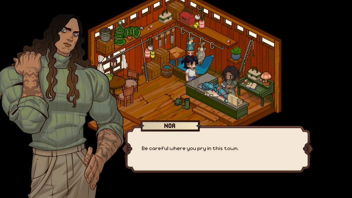 บทสนทนากับ Noa ในร้านที่มีอุปกรณ์ตกปลาของ Grave Seasons พร้อมภาพตัวละครและกล่องข้อความ