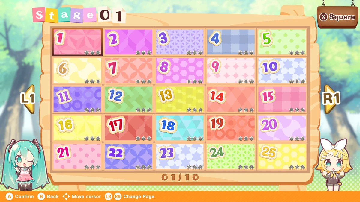 หน้าเลือกด่าน Stage01 มีช่องหมายเลขและดาวใต้ช่อง
