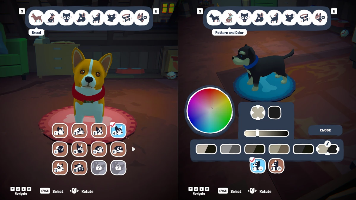 หน้าจอเลือกสายพันธุ์และปรับสีขนลูกสุนัขใน Haunted Paws