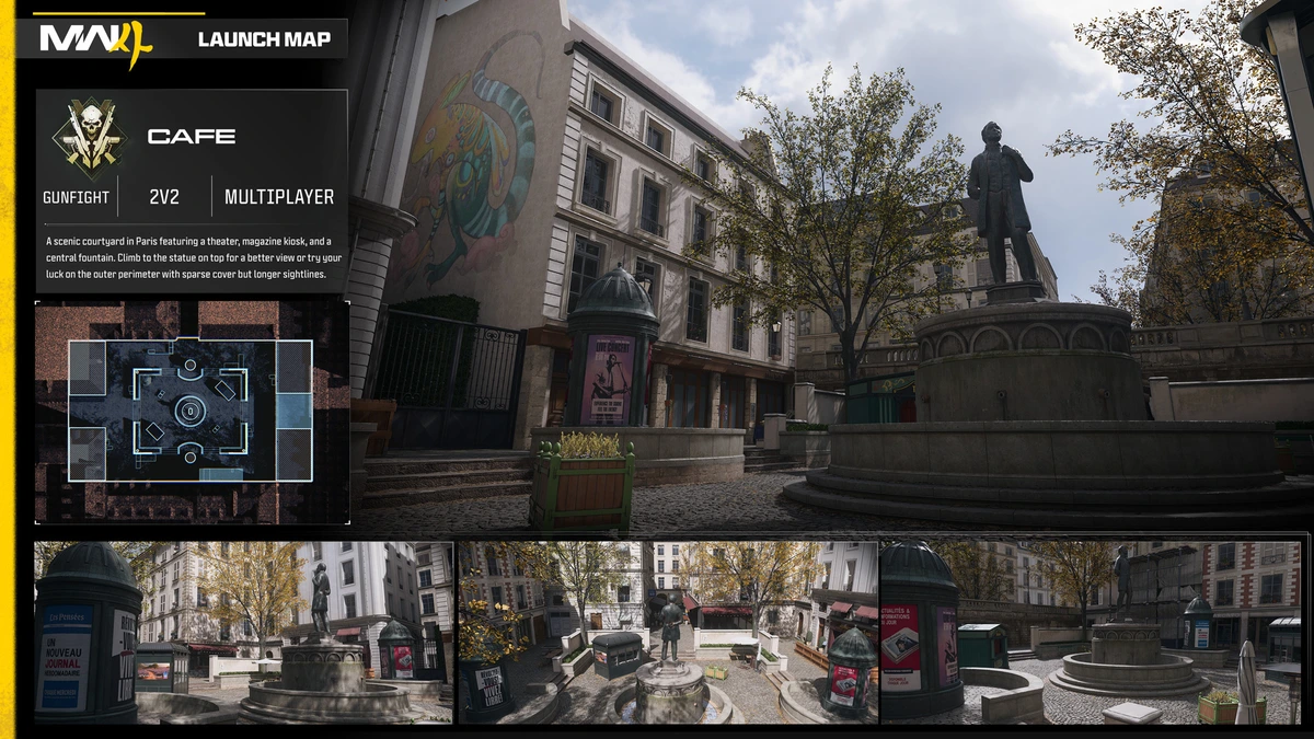 การ์ด Cafe แสดงลานร้านกาแฟกับรูปปั้นและน้ำพุ พร้อมป้าย 2v2