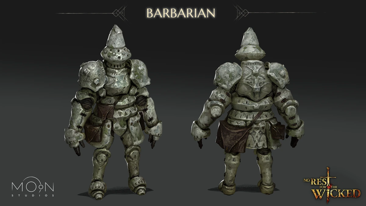 ภาพออกแบบ BARBARIAN ในเกราะสีเทาขนาดใหญ่ มีมุมมองด้านหน้าและด้านหลังบนพื้นหลังมืด