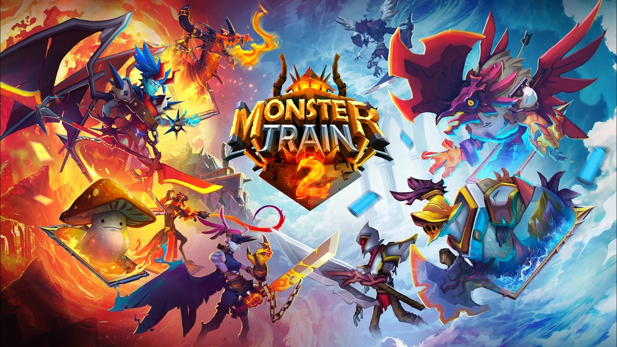 คีย์อาร์ต Monster Train 2 มีสัตว์ประหลาดแฟนตาซีและชื่อเกมกลางภาพ