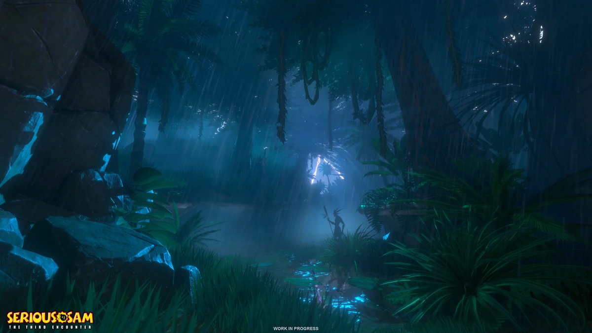 ทางเดินเปียกในป่าท่ามกลางแสงสีน้ำเงิน