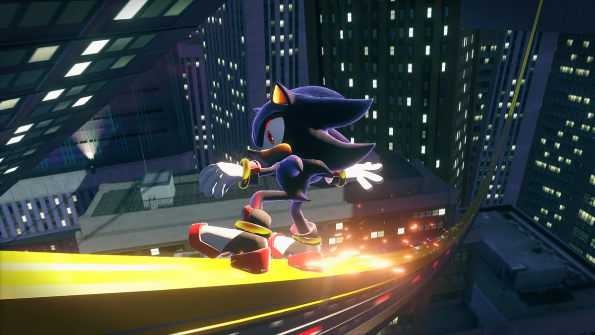 Shadow ไถลบนรางเหนือถนนระหว่างตึกสูง