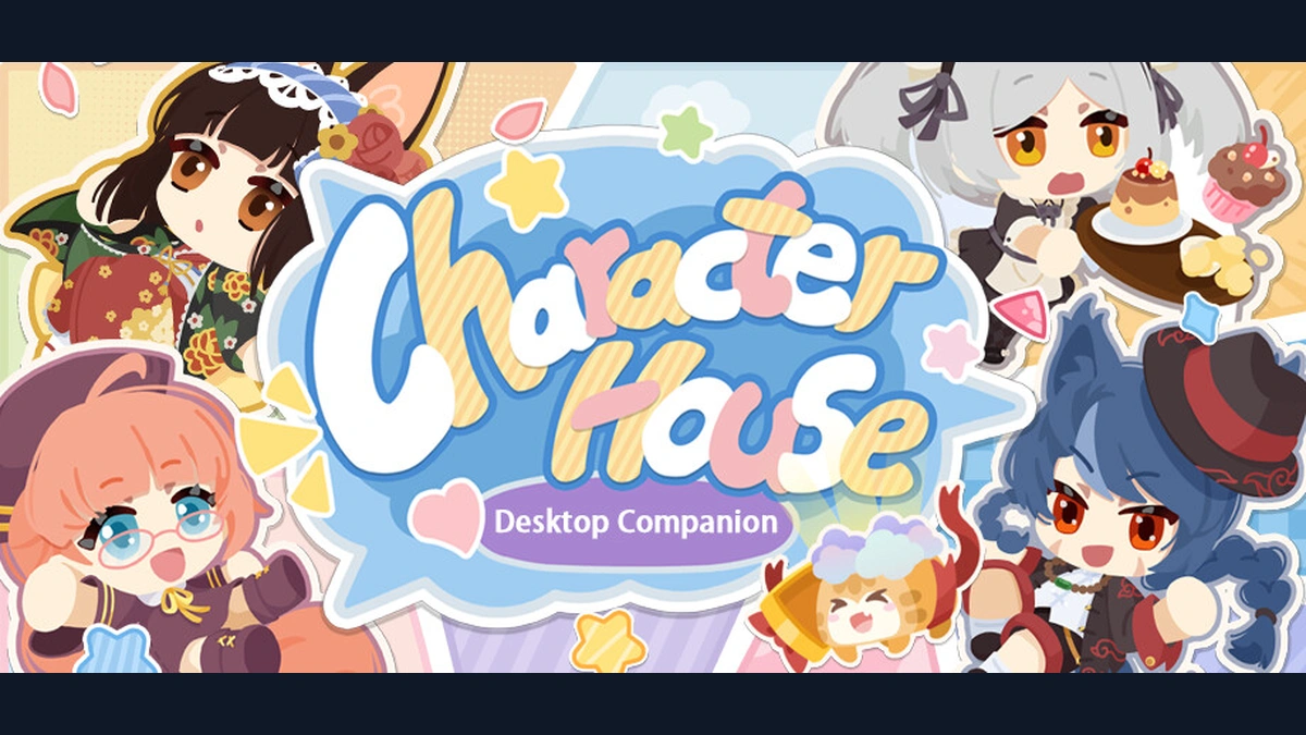 Character House โลโก้สีฟ้าเหลืองล้อมด้วยตัวละครการ์ตูน บนปกเกมจากหน้าร้าน Steam