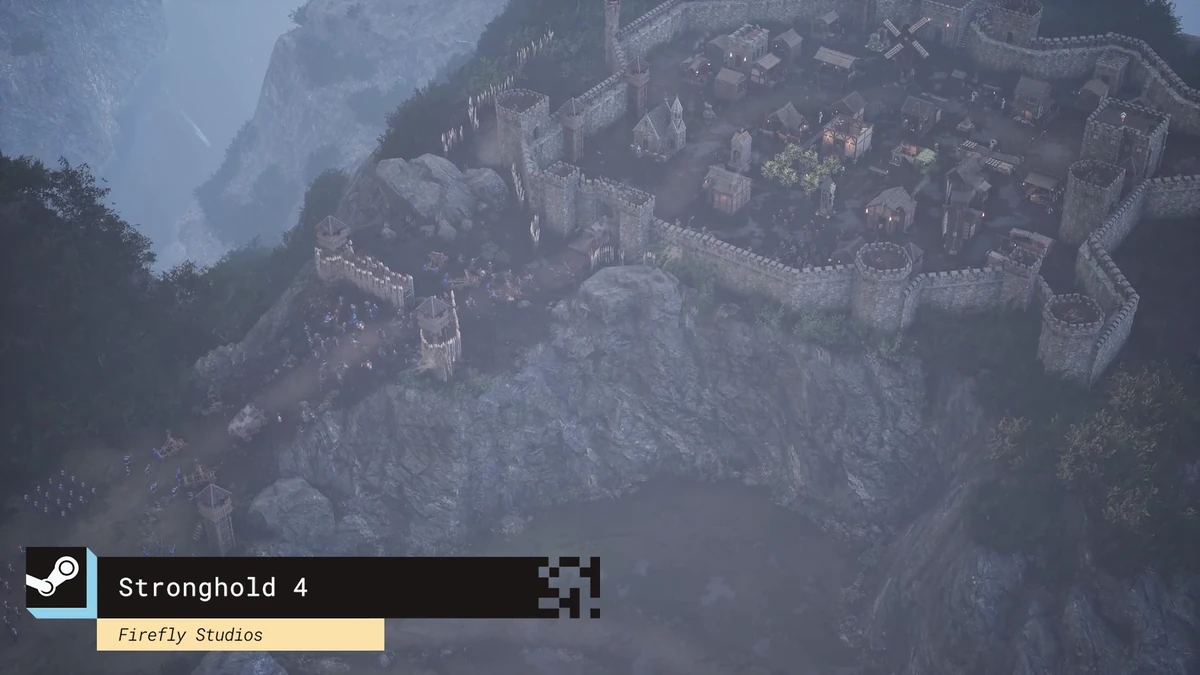ปราสาทหินบนหน้าผาและกองทัพด้านนอกกำแพง พร้อมชื่อ Stronghold 4 และ Firefly Studios