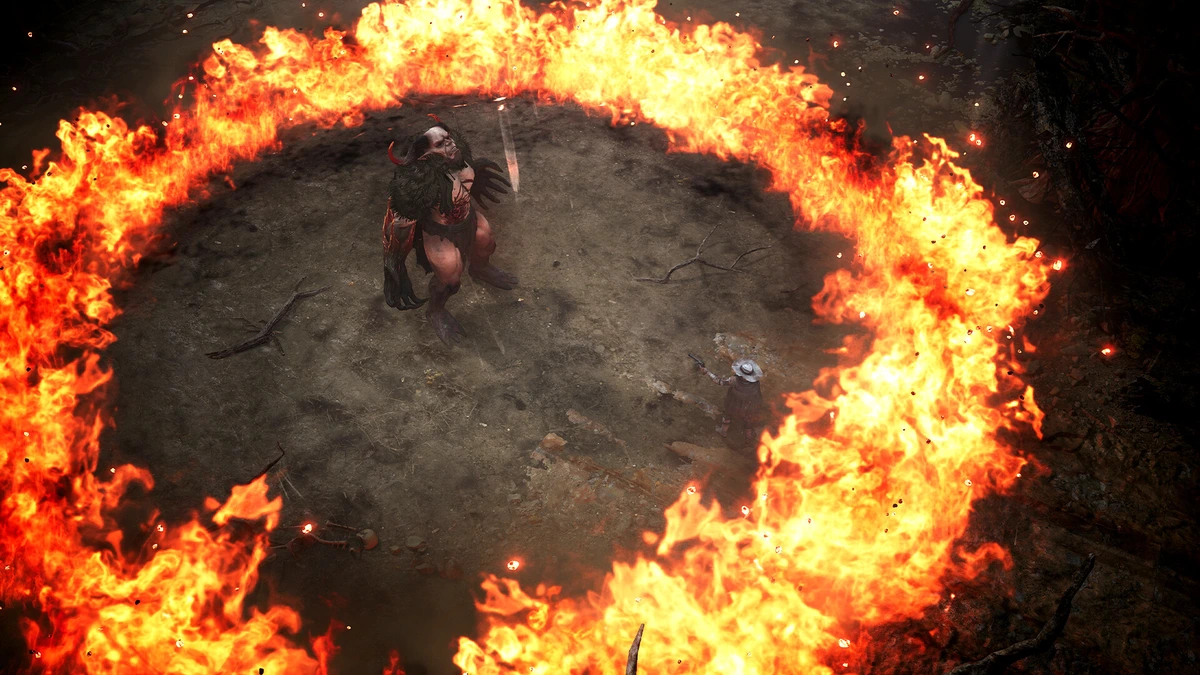 สิ่งมีชีวิตมีเขาขนาดใหญ่และตัวละครภายในวงแหวนไฟใน The Dark West