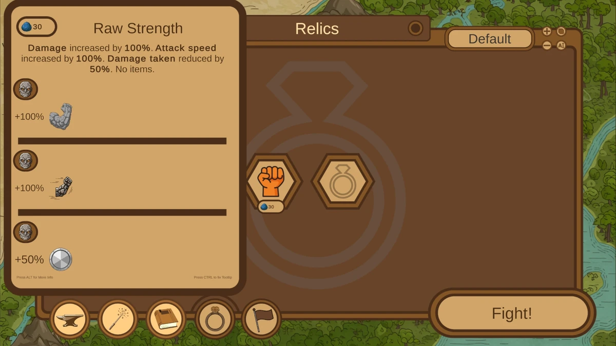 หน้าต่างรายละเอียด Raw Strength ในเมนู Relics