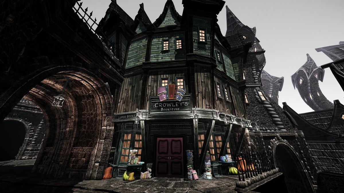 หน้าร้านหนังสือ Crowley's Bookstore ใต้อาคารหลังคาบิดโค้ง