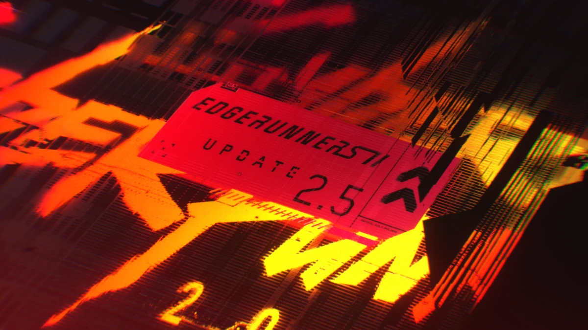 กราฟิกประกาศ Edgerunners 2 Update 2.5 บนพื้นหลังส้มแดง